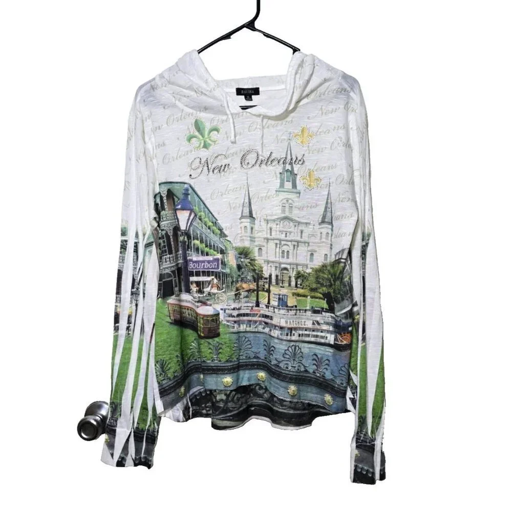 DAVINA Hooded Shirt XL New Orleans Scenic Artsy Long Sleeve Casual Studded NOLA
